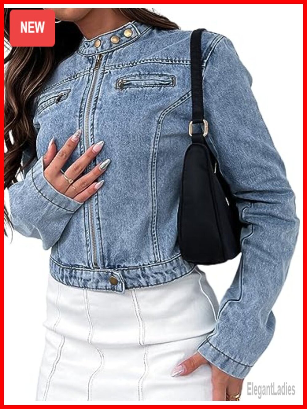 Stretchy Cropped Denim Jacket Zip Front Motorcycle Short Light Wash